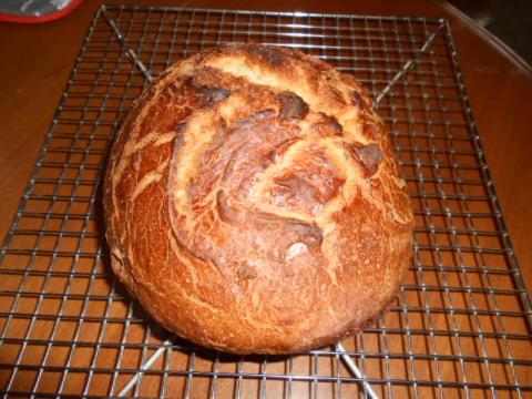 440gm total flour. 30% fermented in 243ml (226gm) butter milk. 1, 1/2 tsp salt.  Baked at 450F in a Dutch oven 25 minutes with lid on, 25 minutes with lid off 